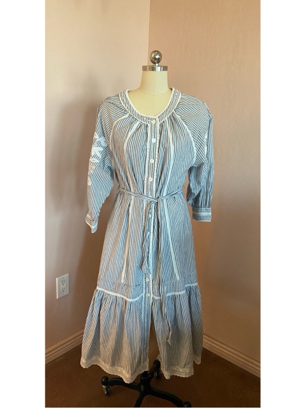 Tularosa Blue and White Striped Button-Front Maxi Dress with Tie Waist